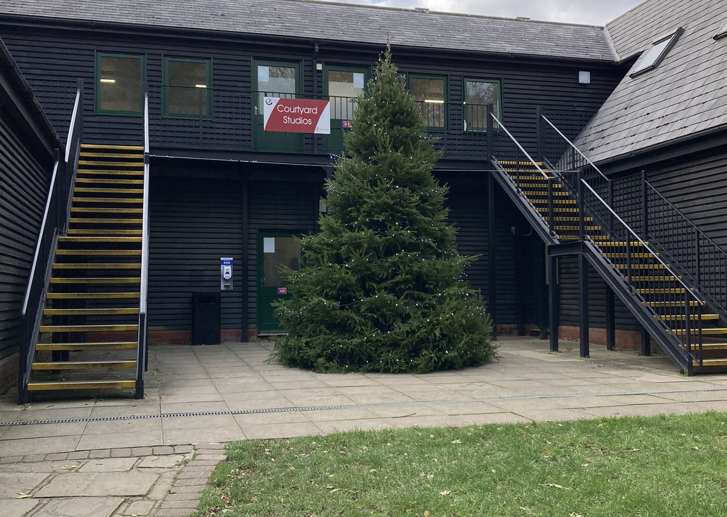 Real outdoor Christmas tree installed outside commercial office building