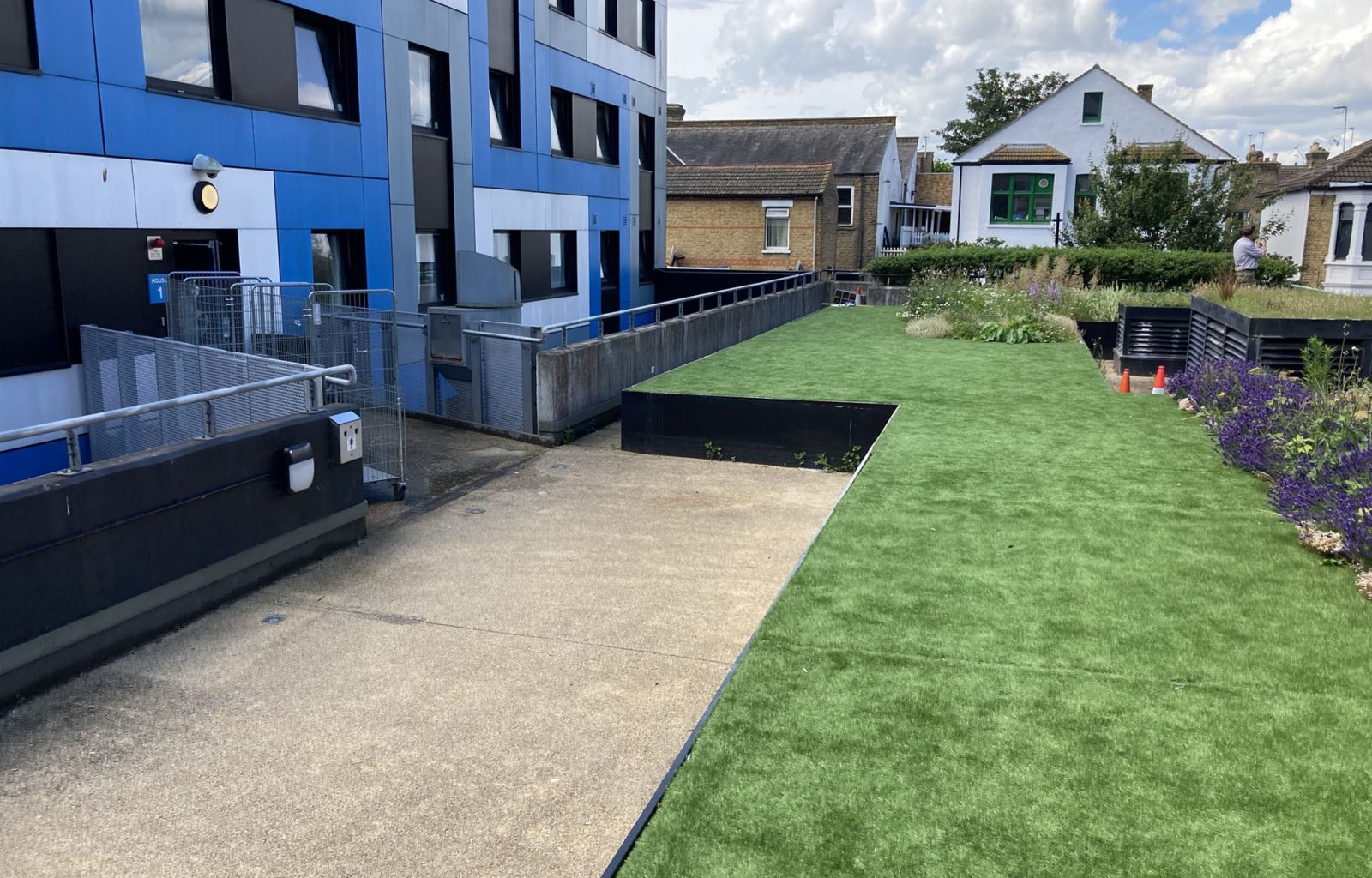 Raised lawn and planters outside entrance to a University building