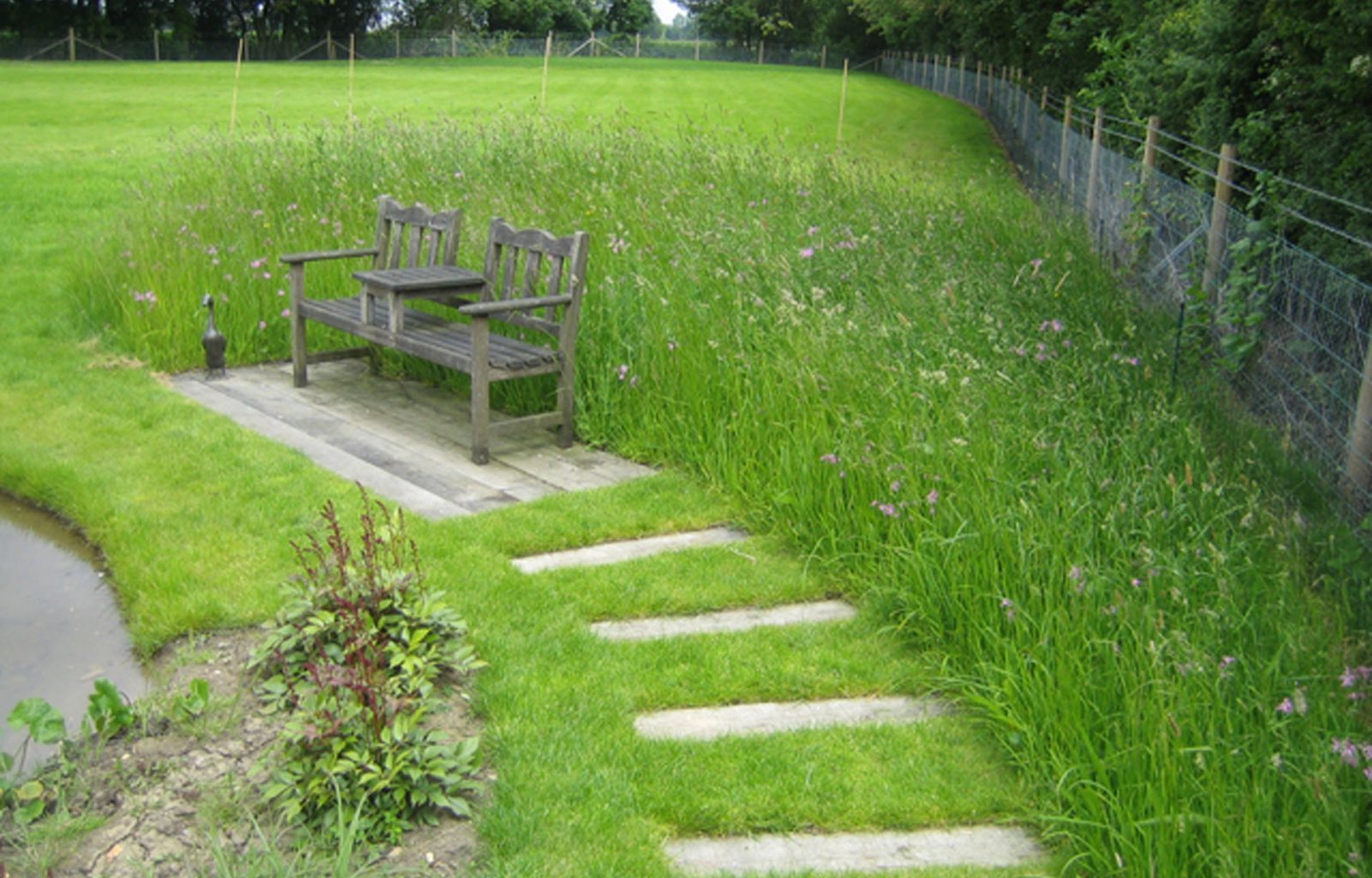 A fenced paddock area containing a natural pond, wooden bench and wildflower turf area